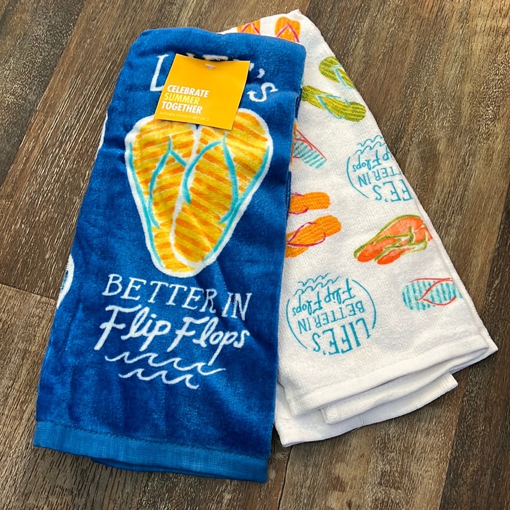 Two summer kitchen towels with flip flops, new with tags.